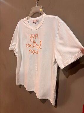 Lingua Franca Gun Control Now Enough Embroidered T Shirt White Orange Medium